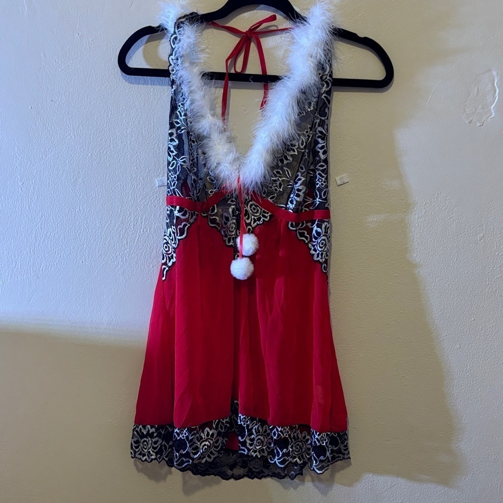 Elegant Red Chemise with Black Lace and White Trim